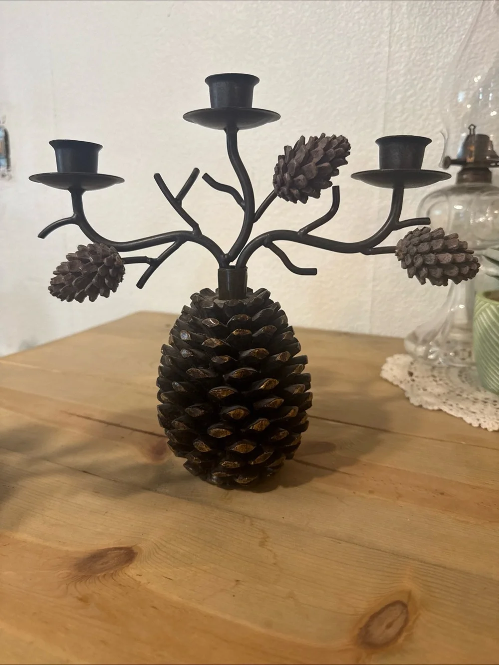 Vintage Rustic Wrought Iron Style Pinecone Candelabra Set Of 2